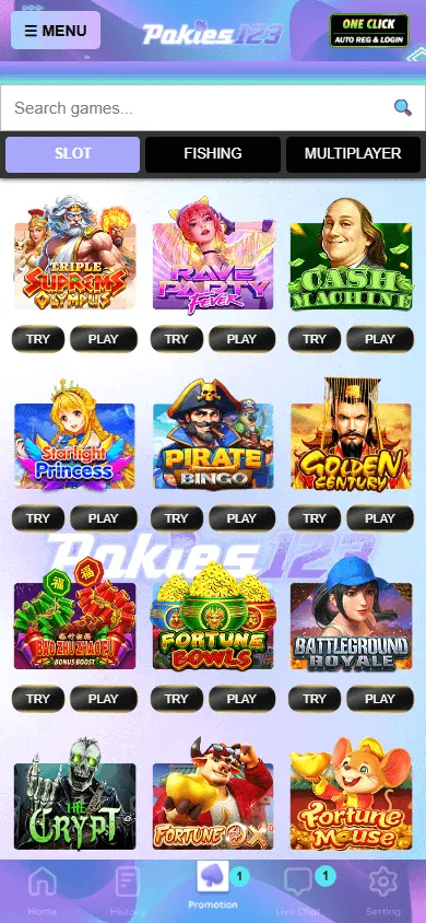 Pokies123 mobile games lobby with casino titles