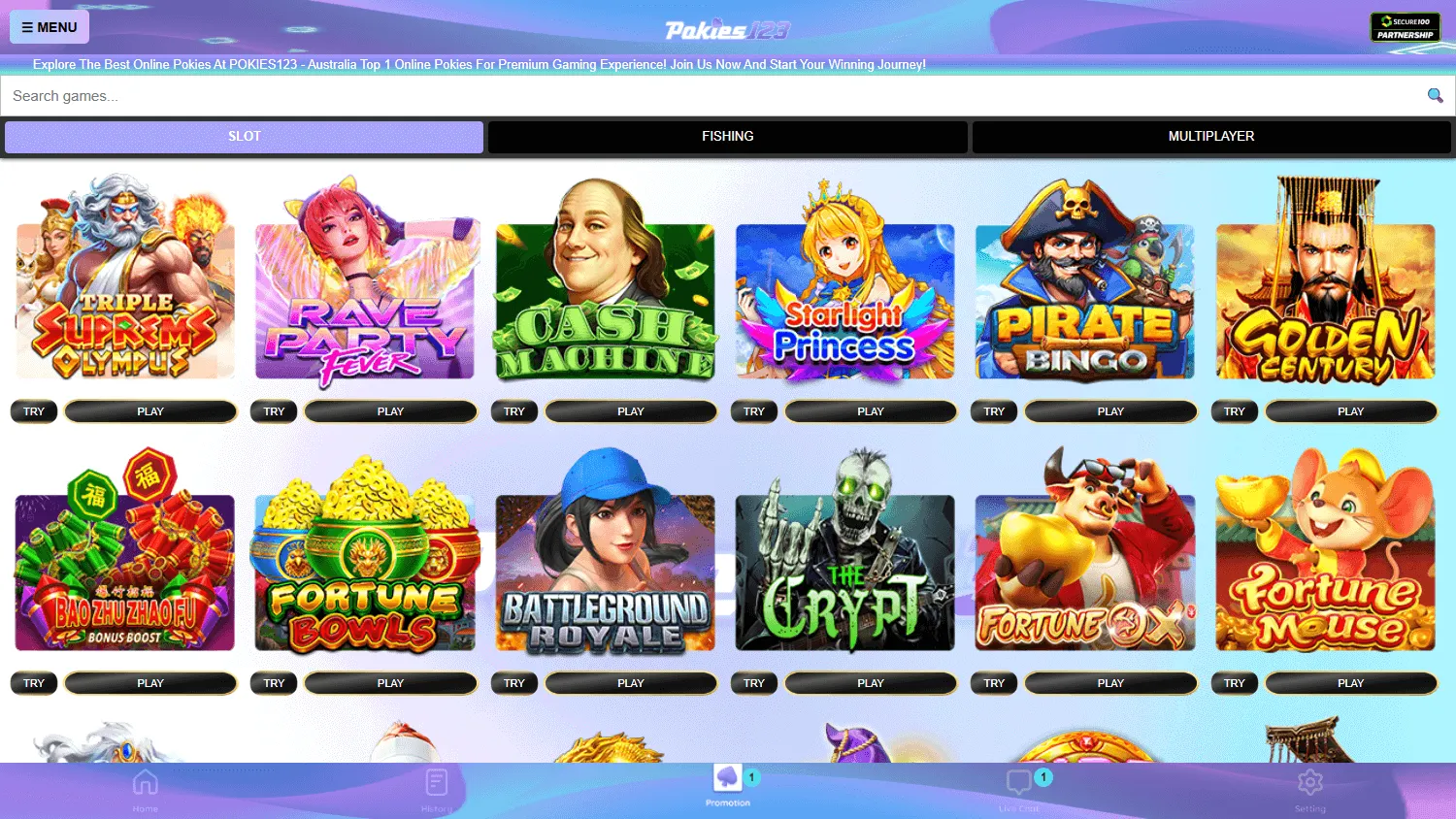 Pokies123 desktop games lobby with pokies and casino titles