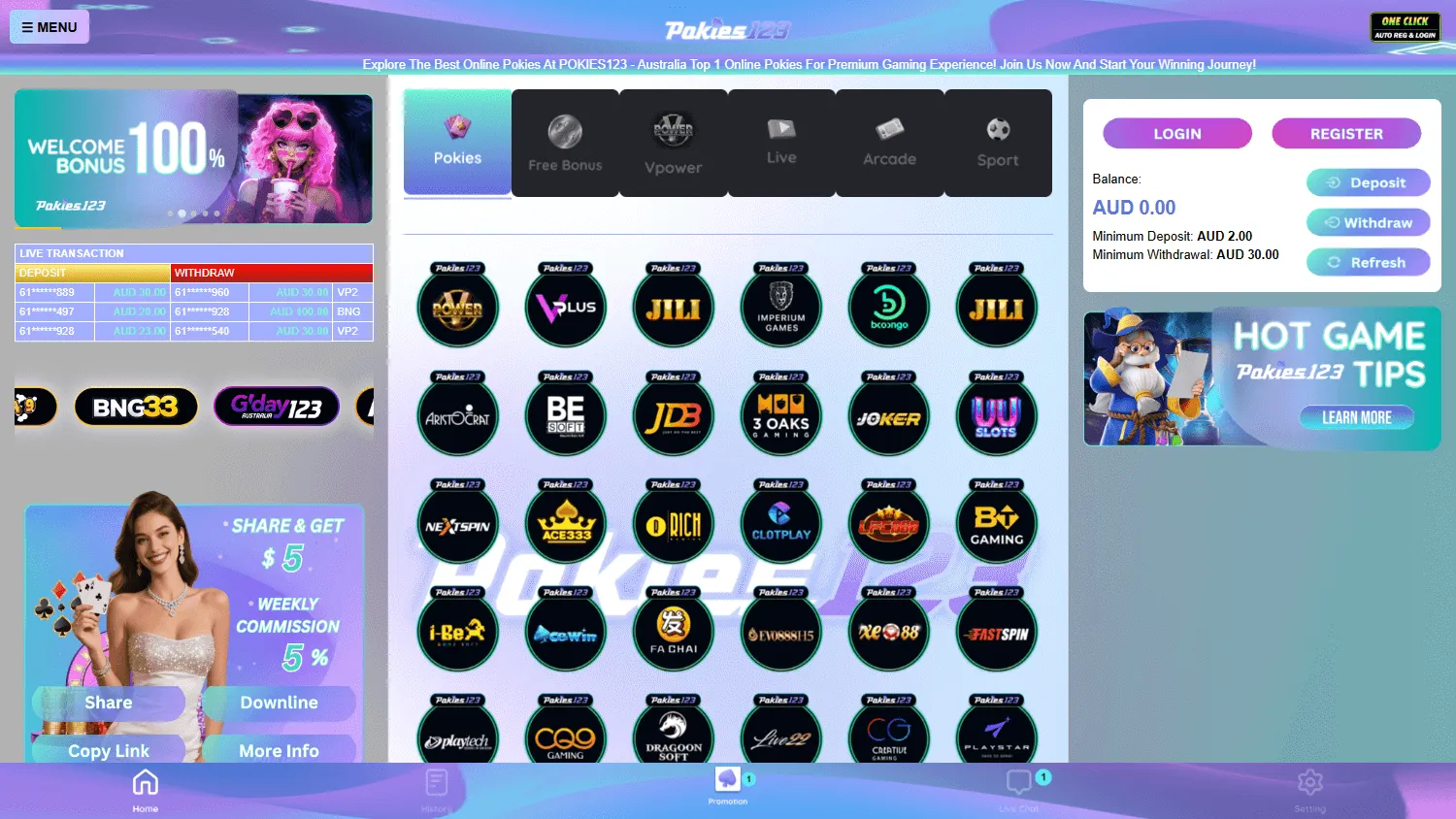 Pokies123 desktop casino and sportsbook home screen