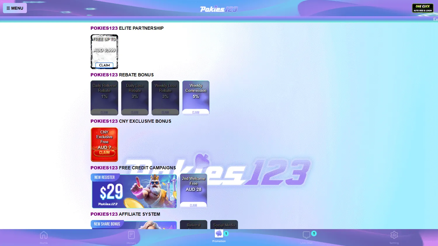 Pokies123 desktop promotions area with rewards and offers