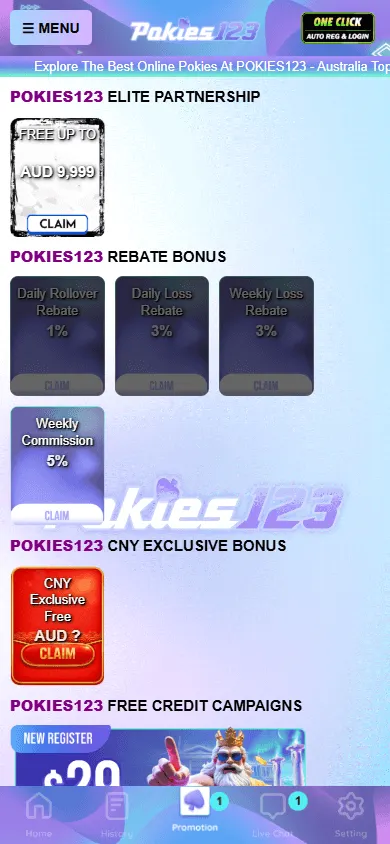 Pokies123 mobile promotions area with account rewards